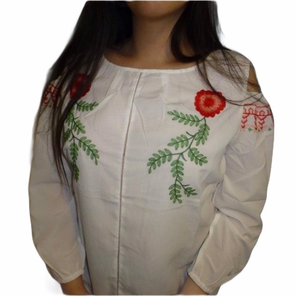 New Floral Embroidered Cold Shoulder Blouse Medium - Picture 4 of 7
